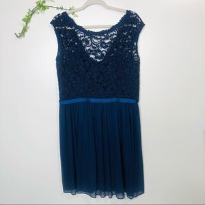 David’s Bridal Blue Marine Cap Sleeve Lace Dress
